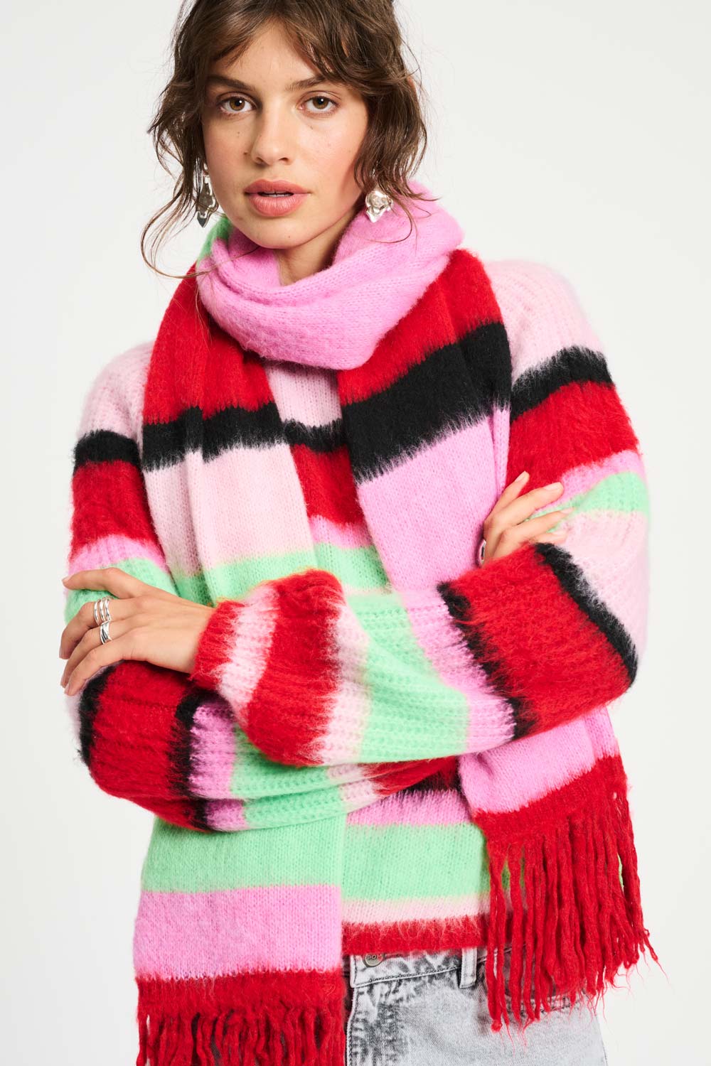 POM Amsterdam Shawls Multi colour / OS SJAAL - Brushed Stripes Green