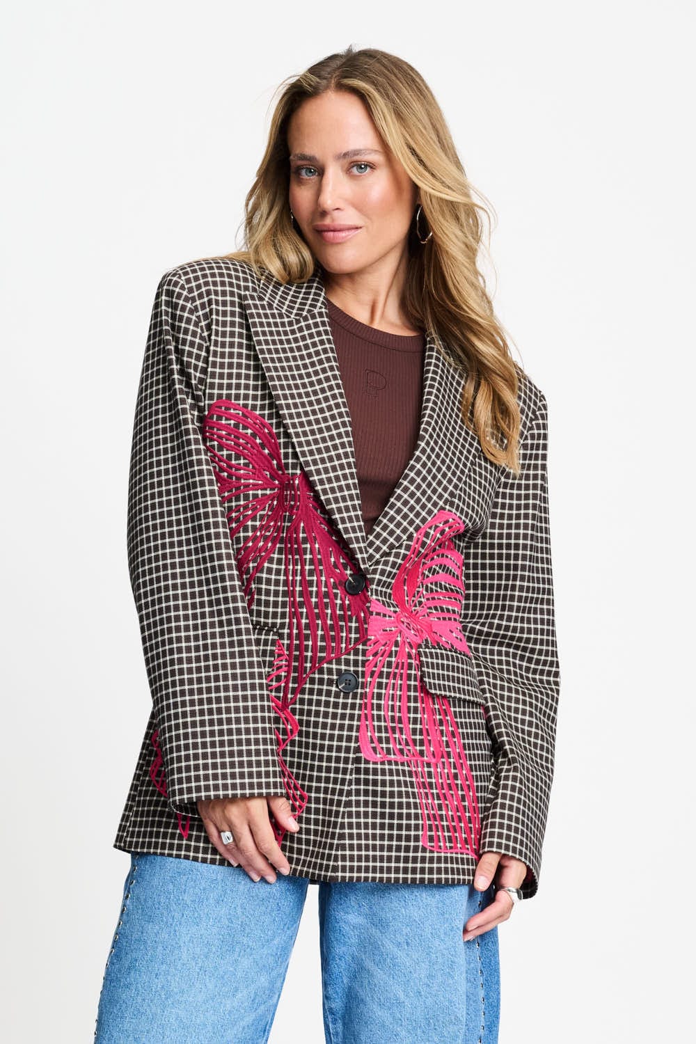 POM Amsterdam Blazers BLAZER - Laurie Bow Check Brown