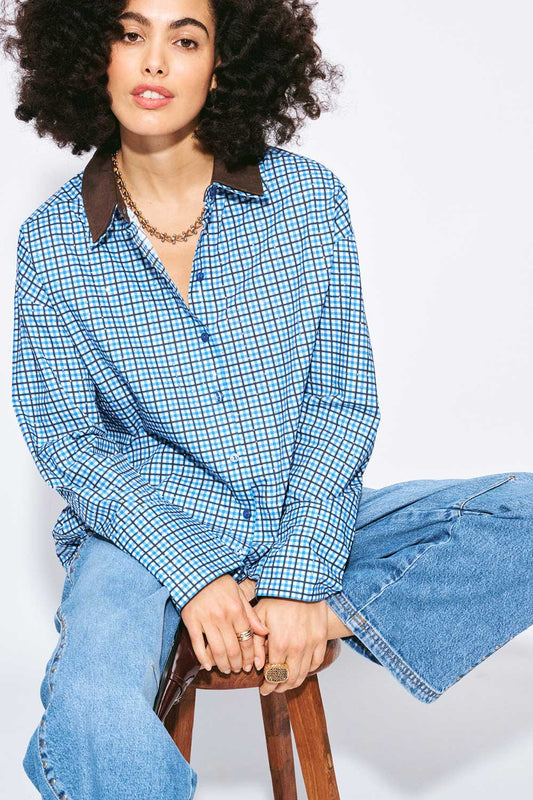 POM Amsterdam Blouses Blue / 34 BLOUSE - Beau Check Sapphire Blue