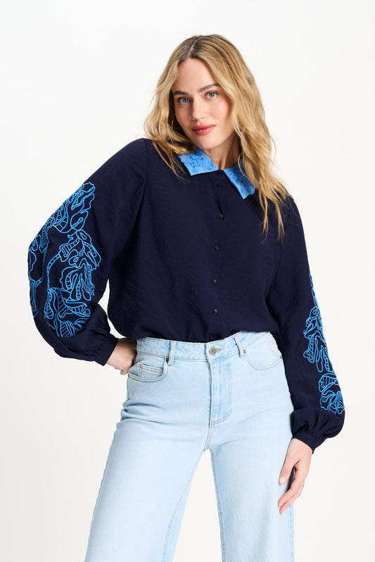 POM Amsterdam Blouses Blue / 34 BLOUSE - Night Blue Flora
