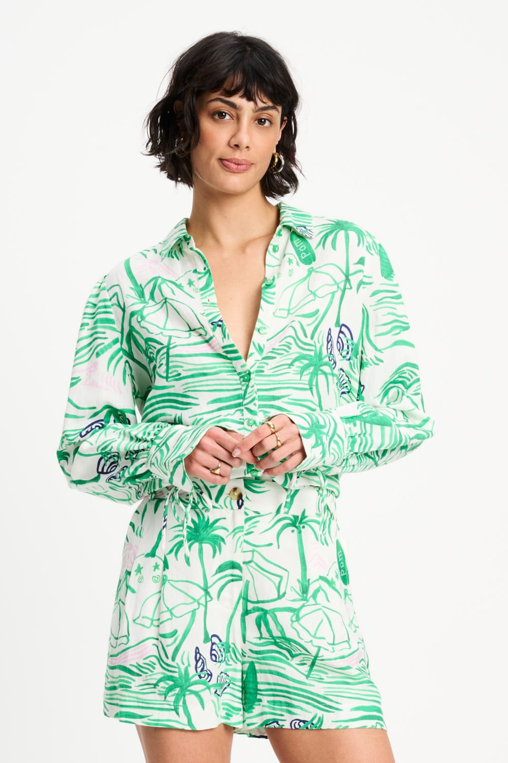 POM Amsterdam Blouses Green / 34 BLOUSE - Beach Vibes Linen
