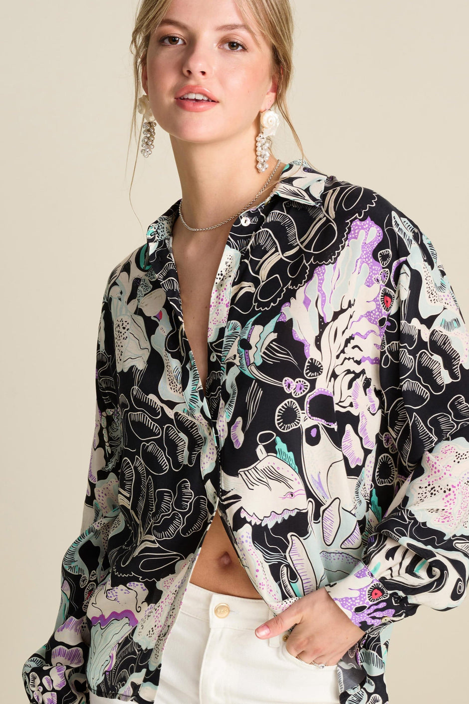 Mesmerising Glitter Sequin Blouse with Long Sleeves, V-Neck and Crossover Front by Pom Amsterdam