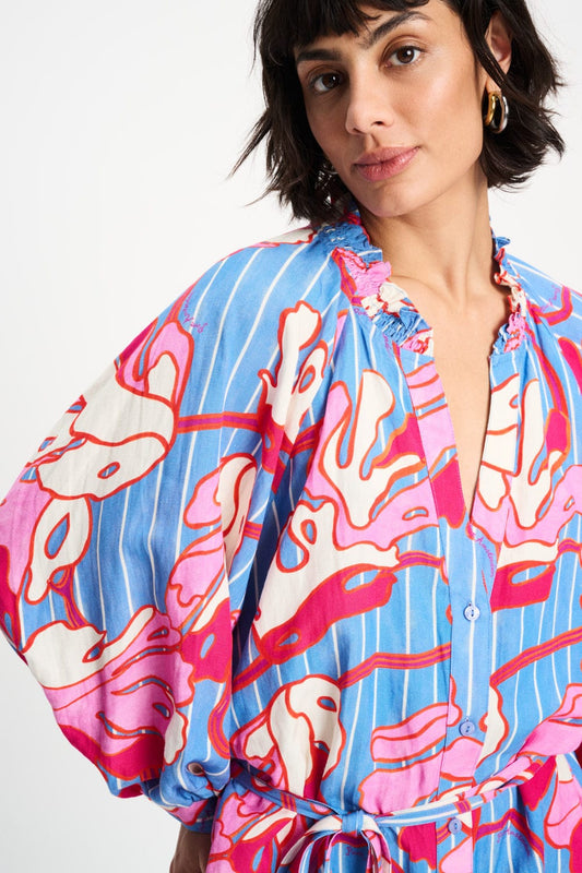 POM Amsterdam Dresses JURK - Urban Flora Stripe Linen